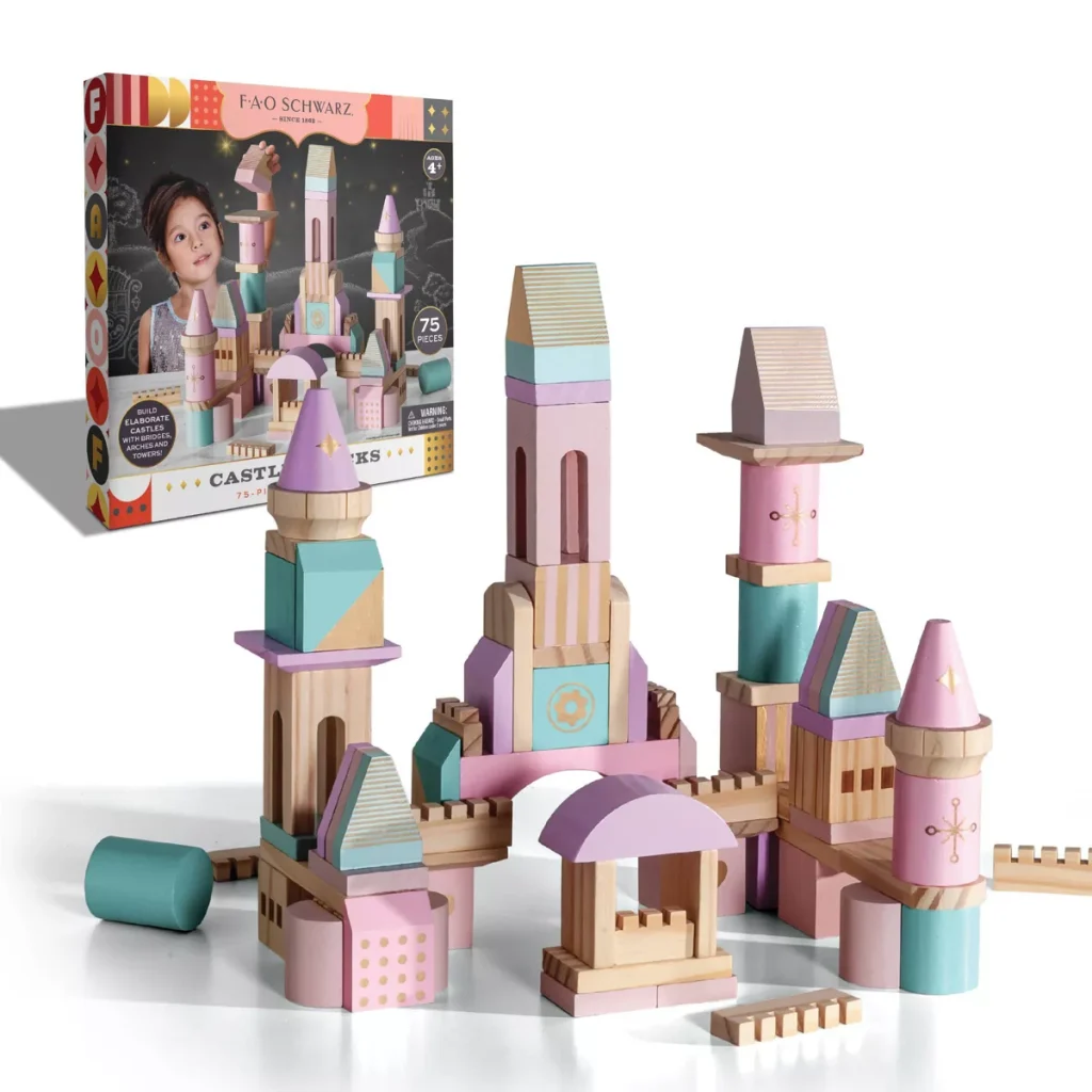 Colorful wooden blocks shaped like a castle