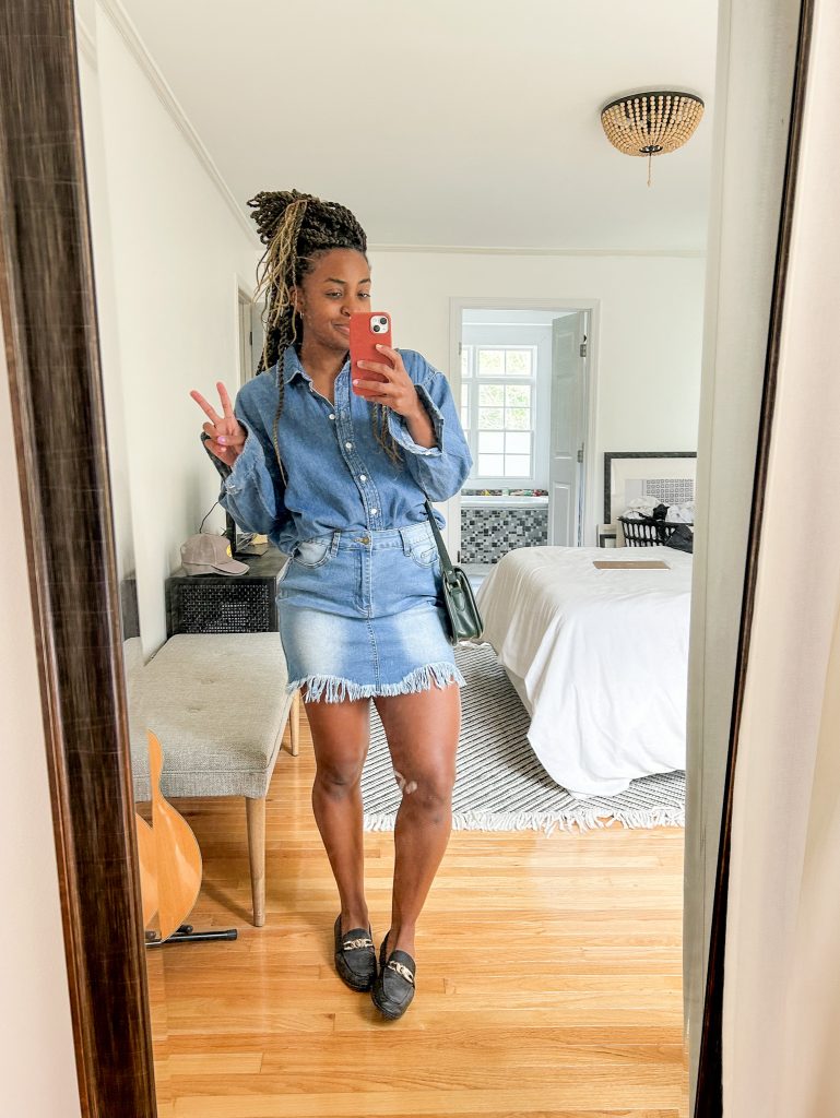 Denim on denim mini skirt