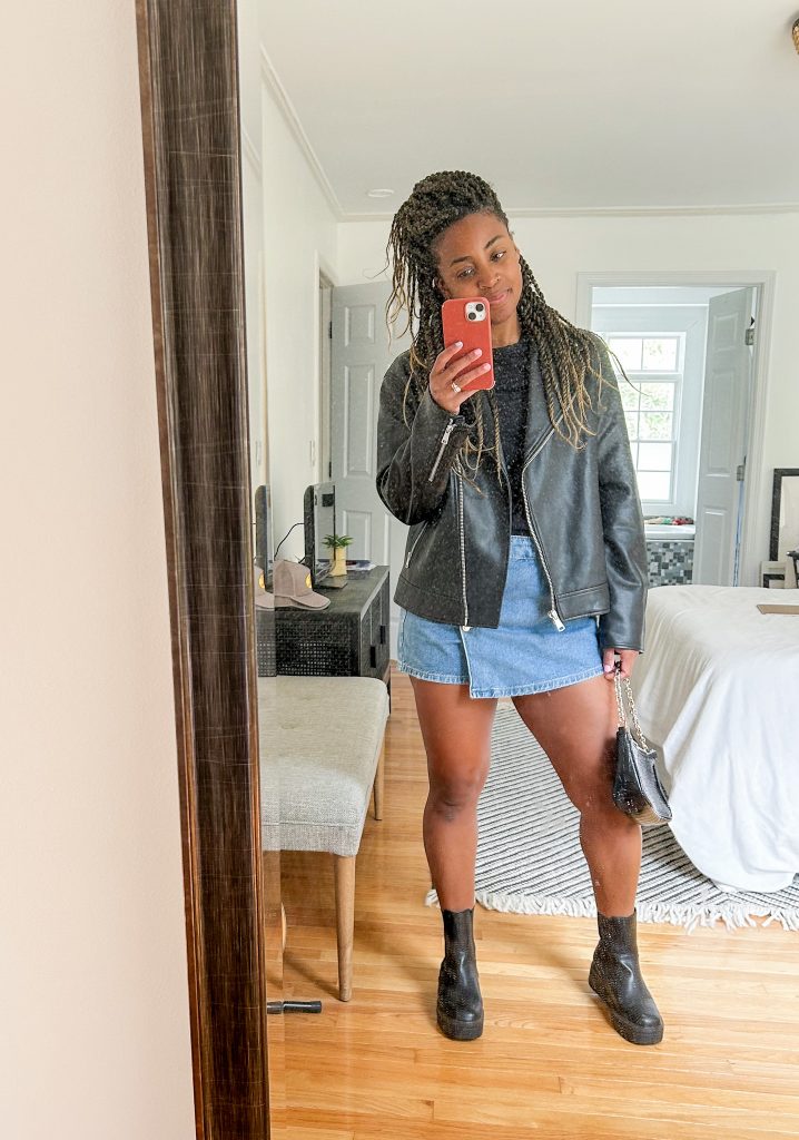 Leather jacket denim skirt - mini skirt outfit ideas