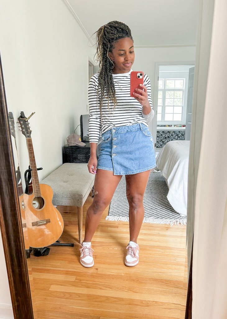 Stripes and denim outfit for moms