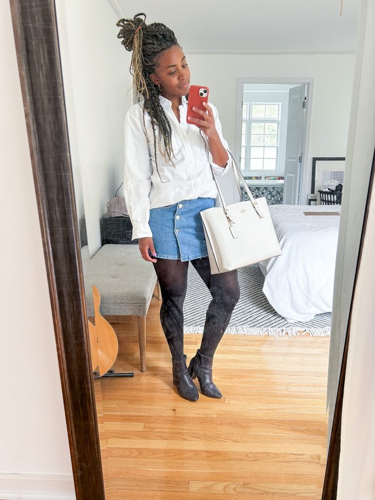 Trendy mini skirt outfit -Mini Denim Skirt Outfit Ideas