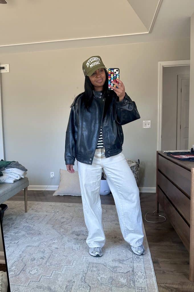 Petite spring outfits: Bold stripes, Khaki and a Leather Jacket