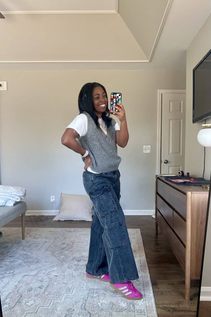 Spring casual outfits: Cargo Jeans, a Vest and Fun Sneakers