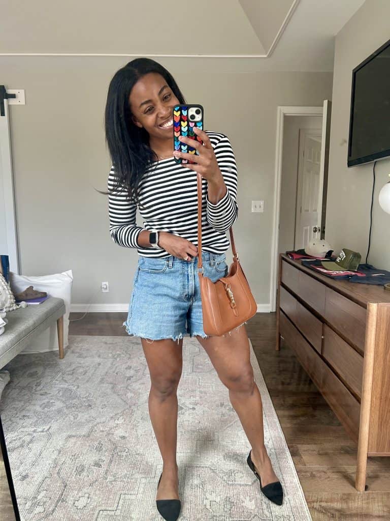 Spring casual outfits for ladies: Black and White Stripe shirt With Denim Shorts