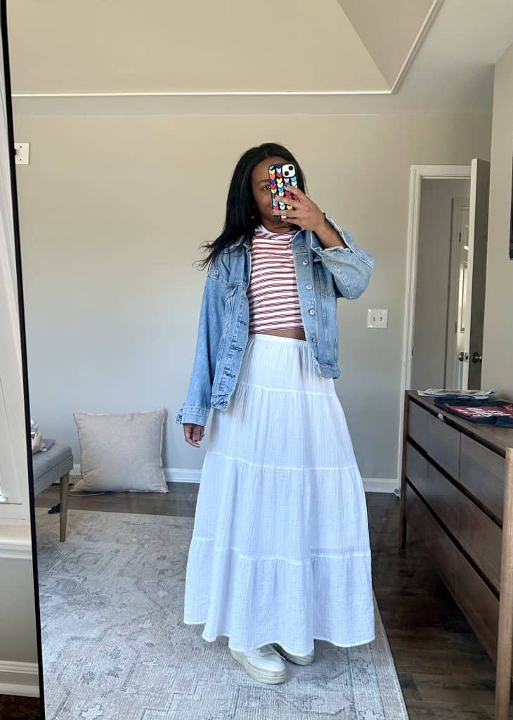 spring outfits for women: Striped Shirt, White Skirt, denim jacket