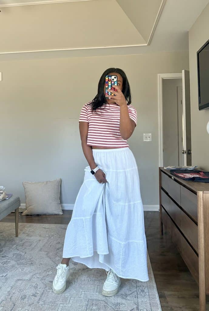 spring outfit inspo: Striped Shirt and White Skirt