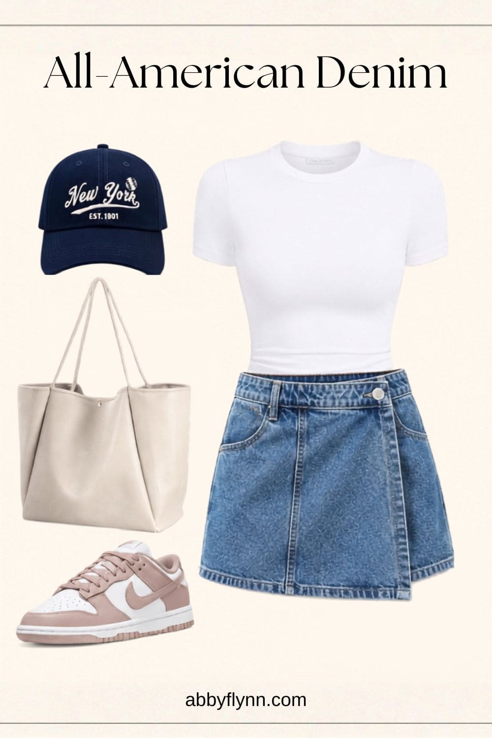  All American Denim mini skirt outfits with white tshirt, baseball cap and nike dunks