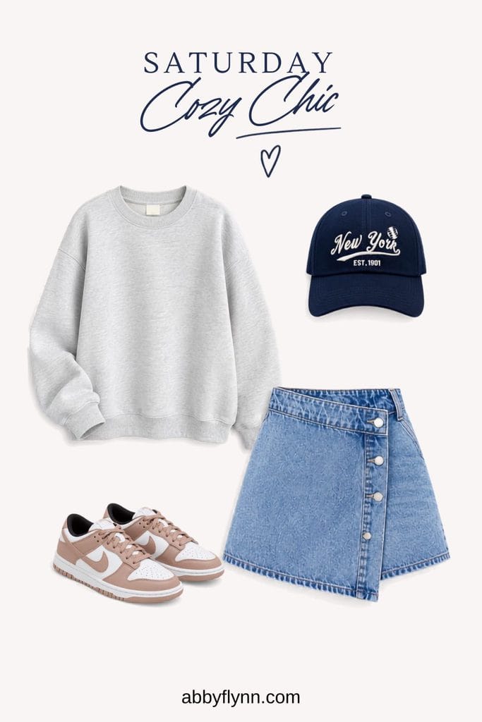 Gray oversized sweatshirt, denim skirt, blue baseball cap, pink Nike Dunks outfit