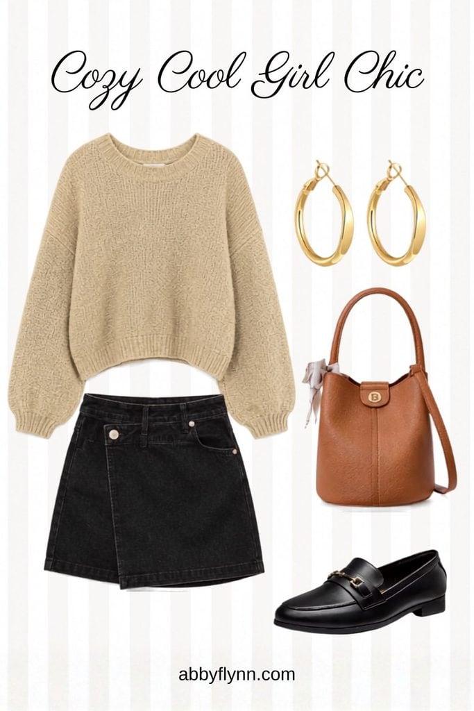 Cozy beige sweater and black denim skirt outfit with black loafers gold errands and a tan purse