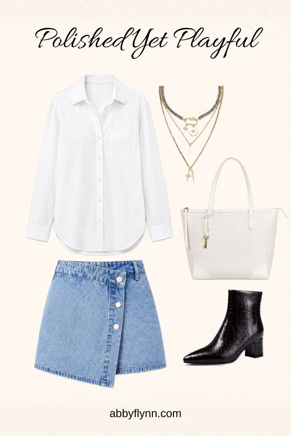 White button down shirt, button up denim skirt outfit, layered necklace white tote bag and black boots