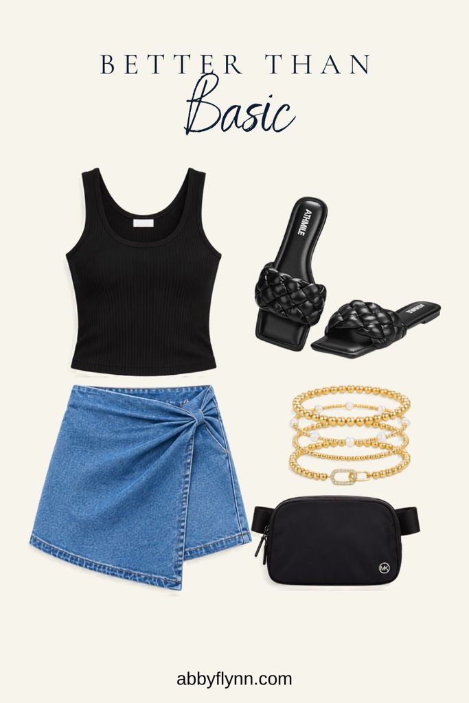 Black tank, denim skirt, black sandals, black crossbody bag gold bracelets outfit