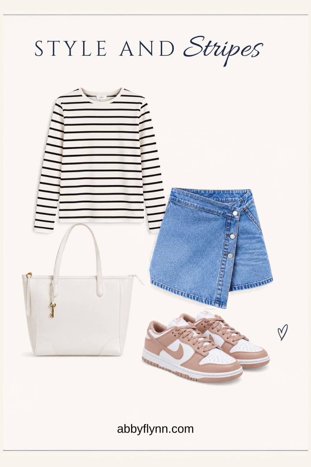 Striped tshirt, denim mini skirt, nike dunks, white tote bag outfit