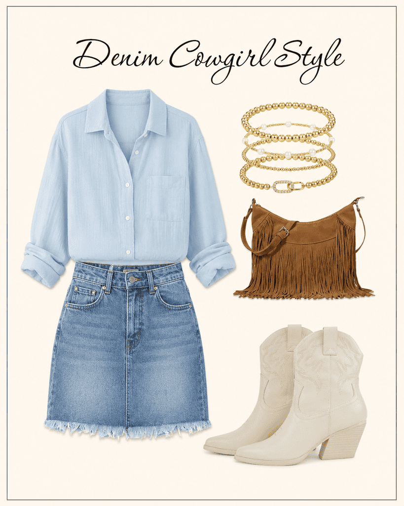 Western cowgirl style - denim skirt outfit ideas