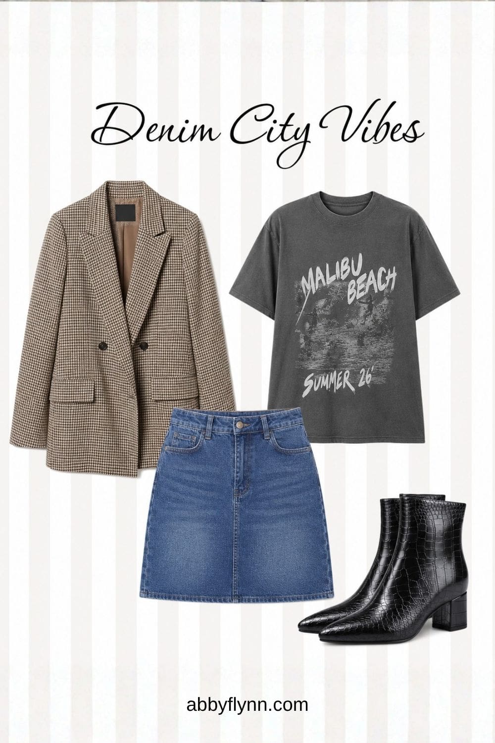 Houndstooth blazer, jean skirt and graphic tee - Denim mini skirt outfits