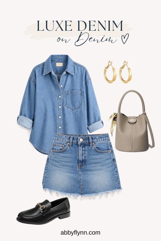 Denim button down top, denim mini skirt, black loafers, gray purse, gold hoop earrings outfit