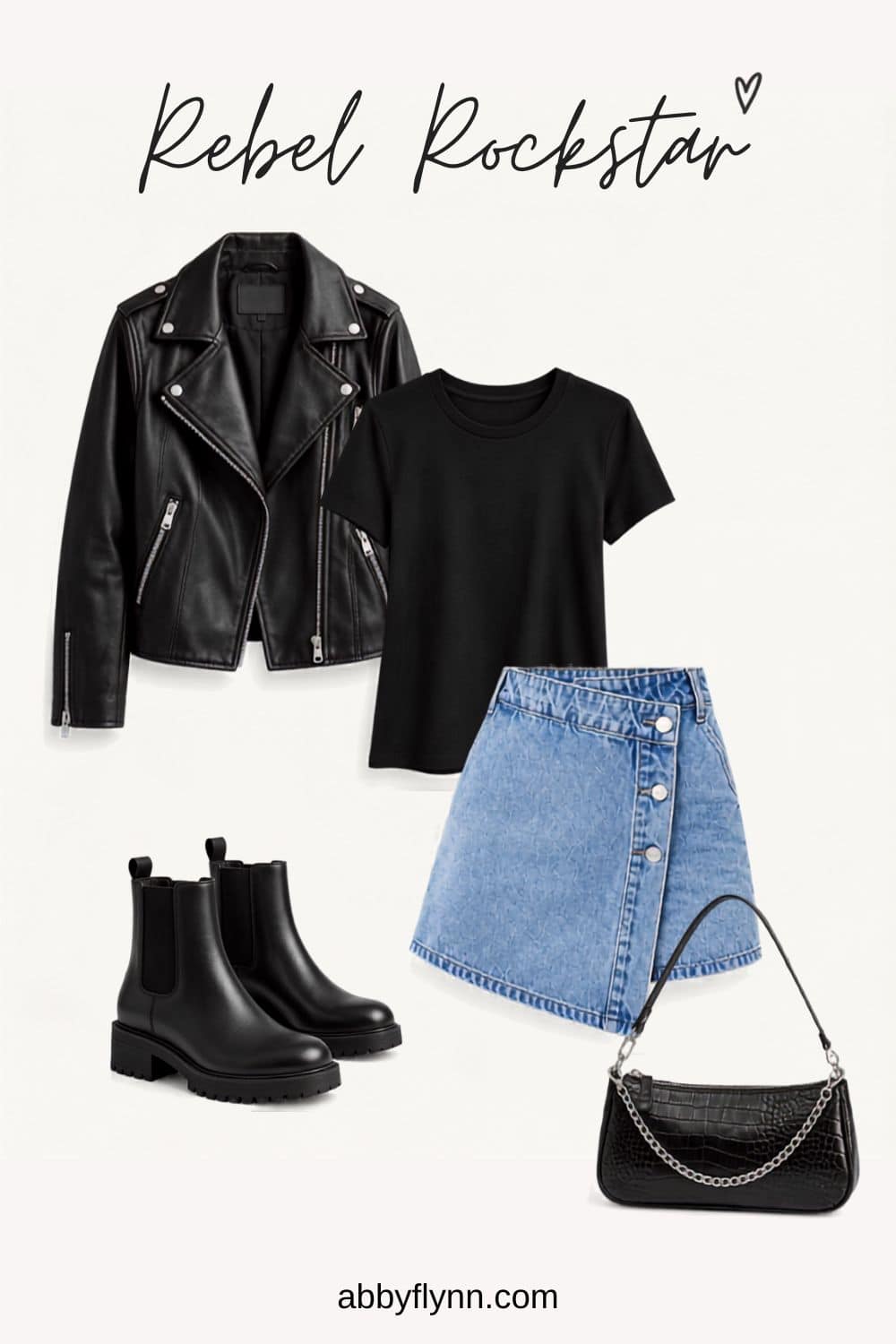 Moto leather jacket, denim mini skirt, black tshirt, Chelsea boots black purse outfit