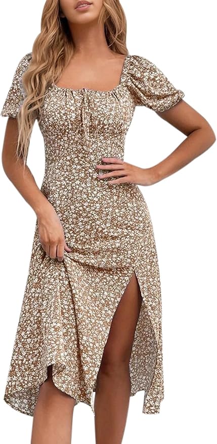 Floral Summer Casual Dress Square Neck Puff Sleeve Boho