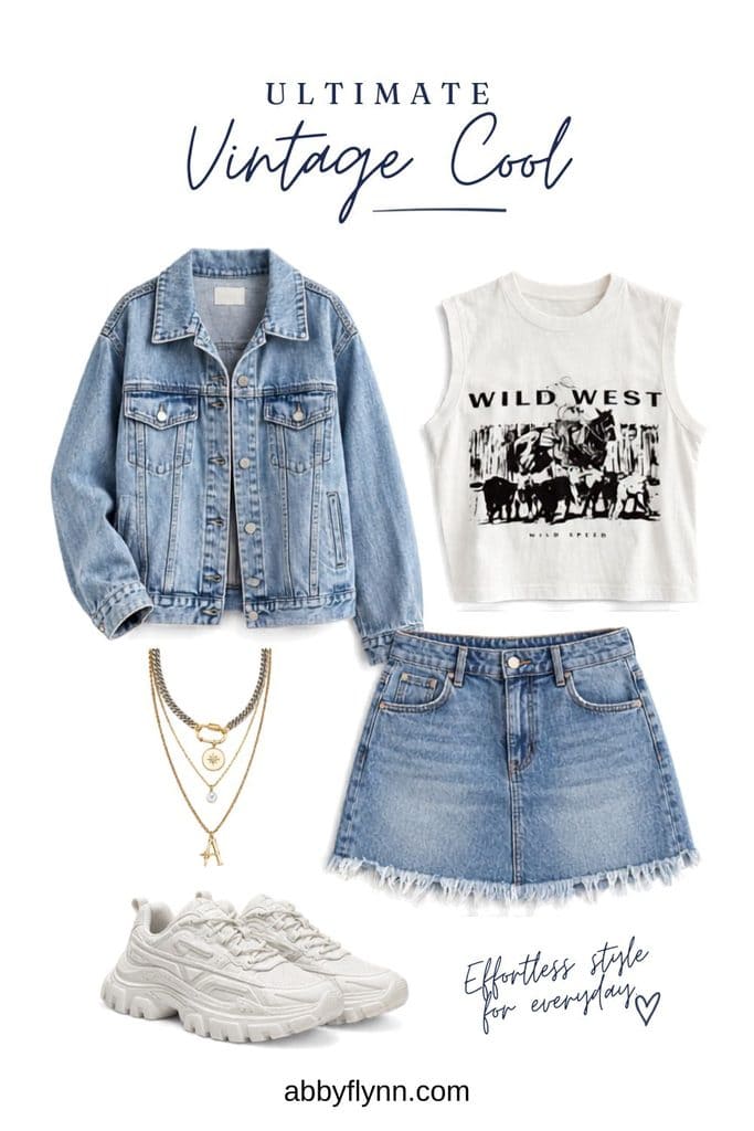 Denim jacket, denim skirt, white vintage tank, chunky white sneakers gold layer necklace
