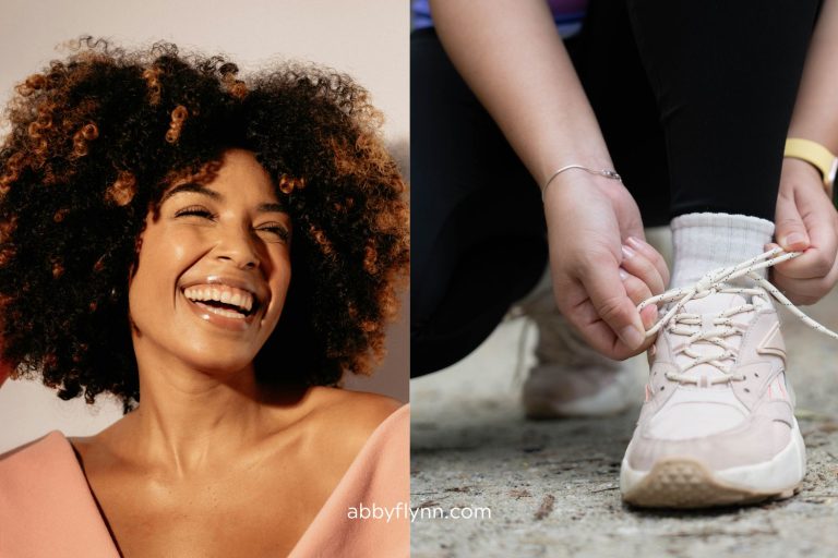 Smiling woman and tying sneakers show how to have a glow up at any age